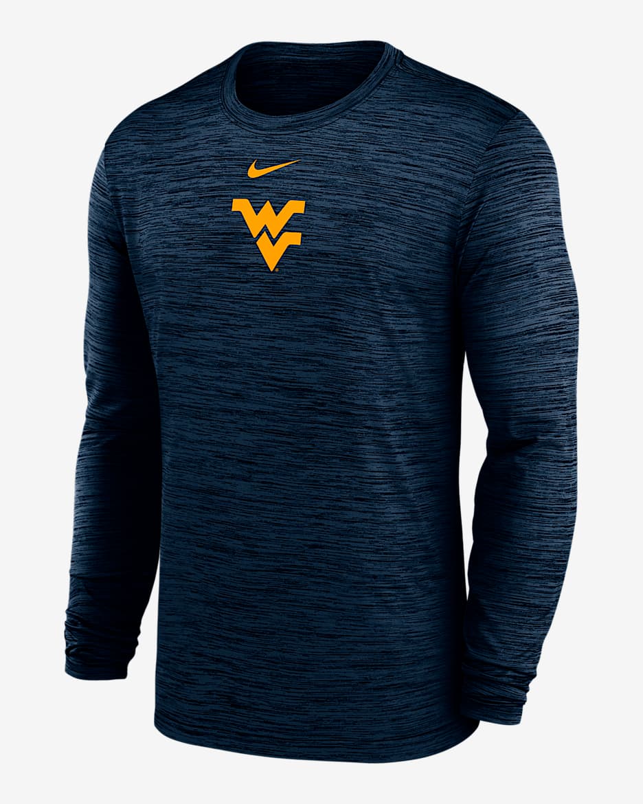 Playera de manga larga universitaria Nike Dri-FIT para hombre West Virginia Sideline Velocity - Azul marino