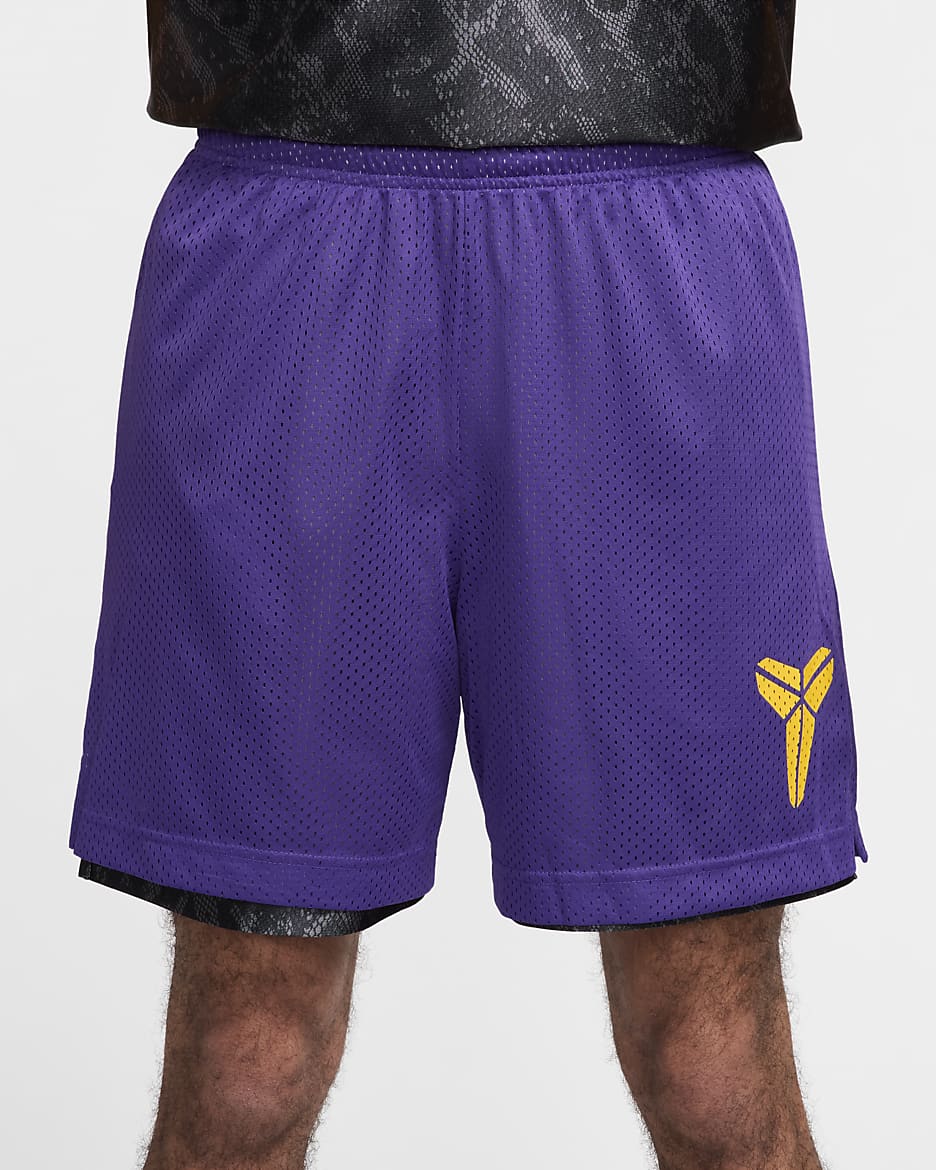 Shorts de básquetbol Nike Dri-FIT Standard Issue de 15 cm reversibles para hombre KB - Negro/Morado campo/Amarillo