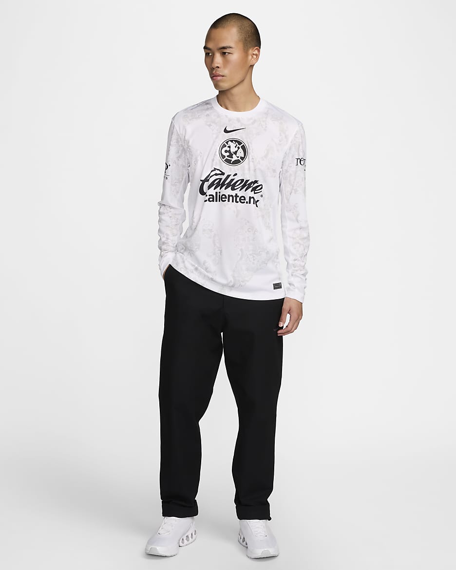 Jersey de fútbol de manga larga Nike Dri-FIT Replica del Club América portero 2024 Stadium para hombre - Blanco/Negro