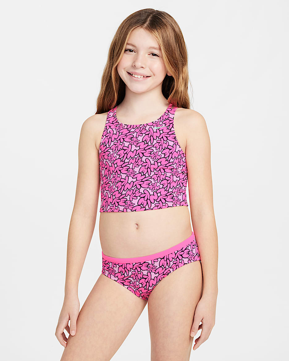 Conjunto de midkini con tirantes cruzados para niña talla grande Nike Swim - Hiperrosa/Espuma rosa