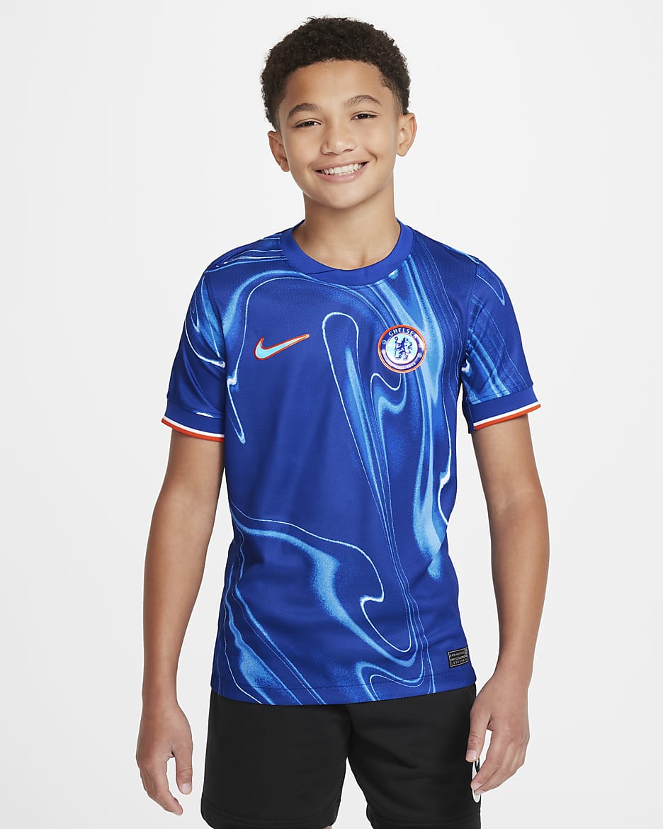 Fotbollströja Chelsea FC 2024/25 Stadium (hemmaställ) Nike Dri-FIT Replica för ungdom - Rush Blue/Team Orange/Vit