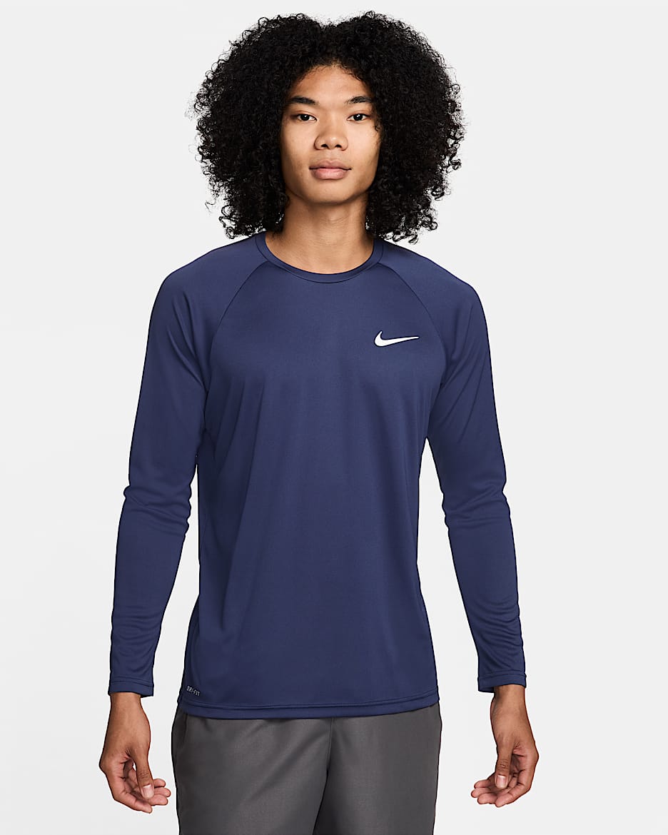 Camiseta Hydroguard de natación de manga larga para hombre Nike Essential - Azul marino medianoche/Blanco
