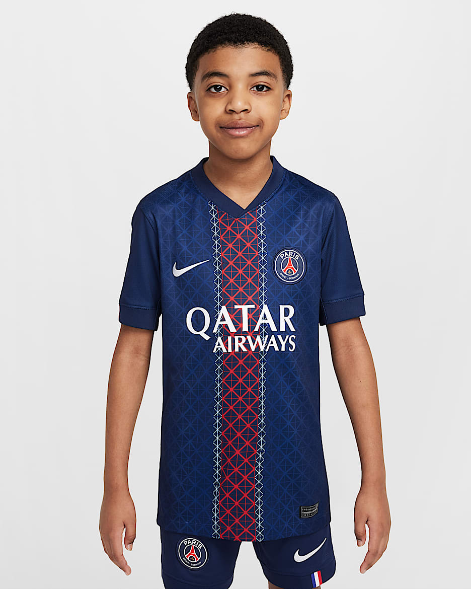 パリ サンジェルマン (PSG) 2025/26 スタジアム ホーム ジュニア ナイキ Dri-FIT サッカー レプリカ ユニフォーム - ミッドナイトネイビー/ミッドナイトネイビー/ホワイト