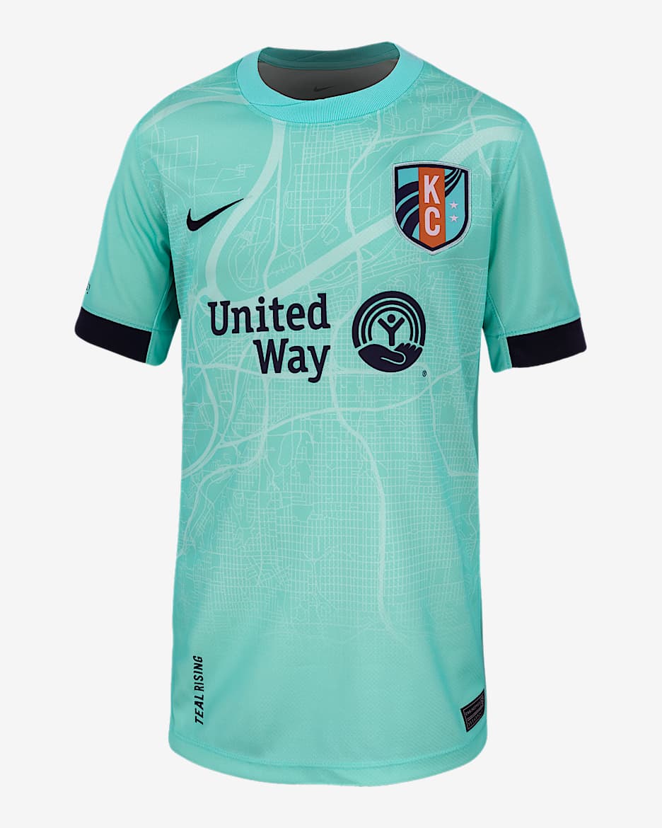 Jersey Nike Dri-FIT de la NWSL KC Current Replica visitante 2025 Stadium para niños talla grande - Hiperturquesa/Hiperturquesa