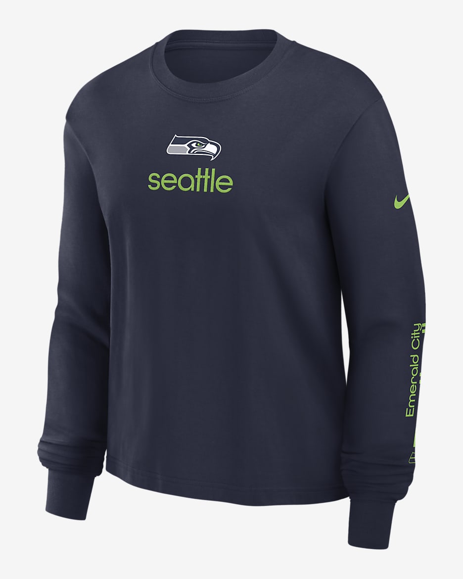 Playera de manga larga de la NFL Nike para mujer Seattle Seahawks Boxy - Azul marino