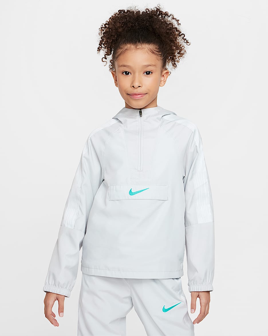 Chamarra deportiva de fútbol con gorro de medio cierre para niños talla grande Nike Academy - Polvo fotón/Turquesa dinámico