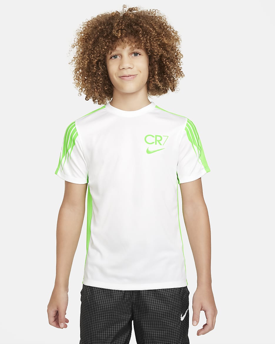 CR7 Older Kids' Dri-FIT Academy23 Football Top - White/Green Strike/Green Strike