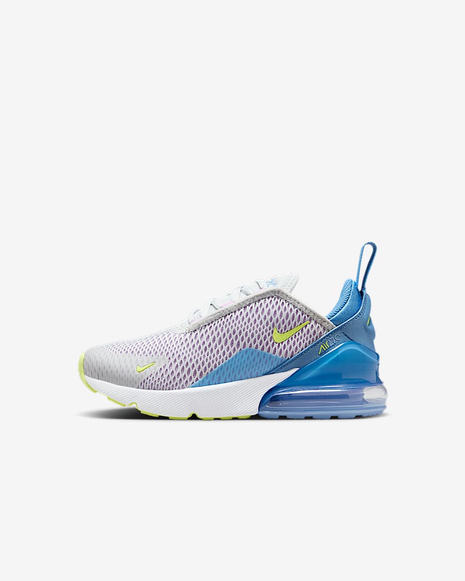 Tenis para niños de preescolar Nike Air Max 270 - Platino puro/Fucsia enérgico/Azul extremo/Toque de limón claro
