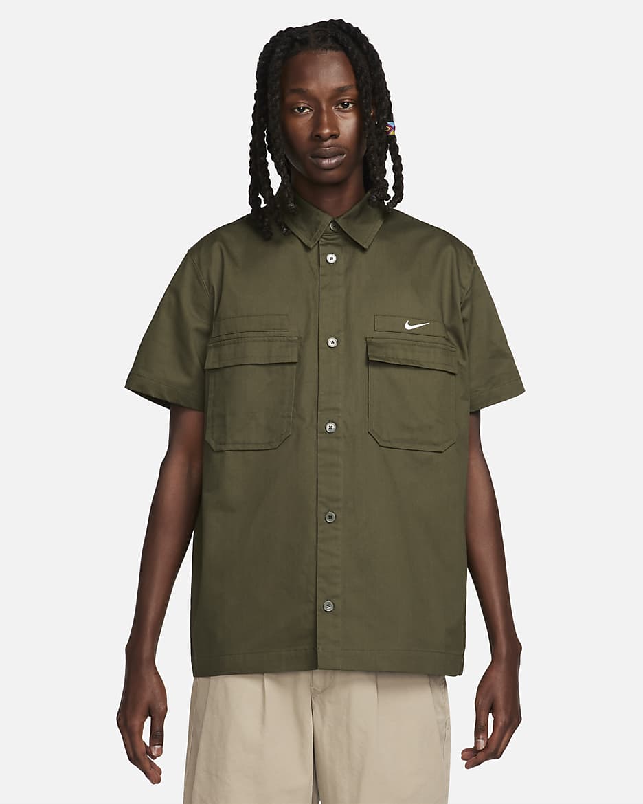 Nike Life Men's Woven Military Short-Sleeve Button-Down Shirt - Cargo Khaki/White