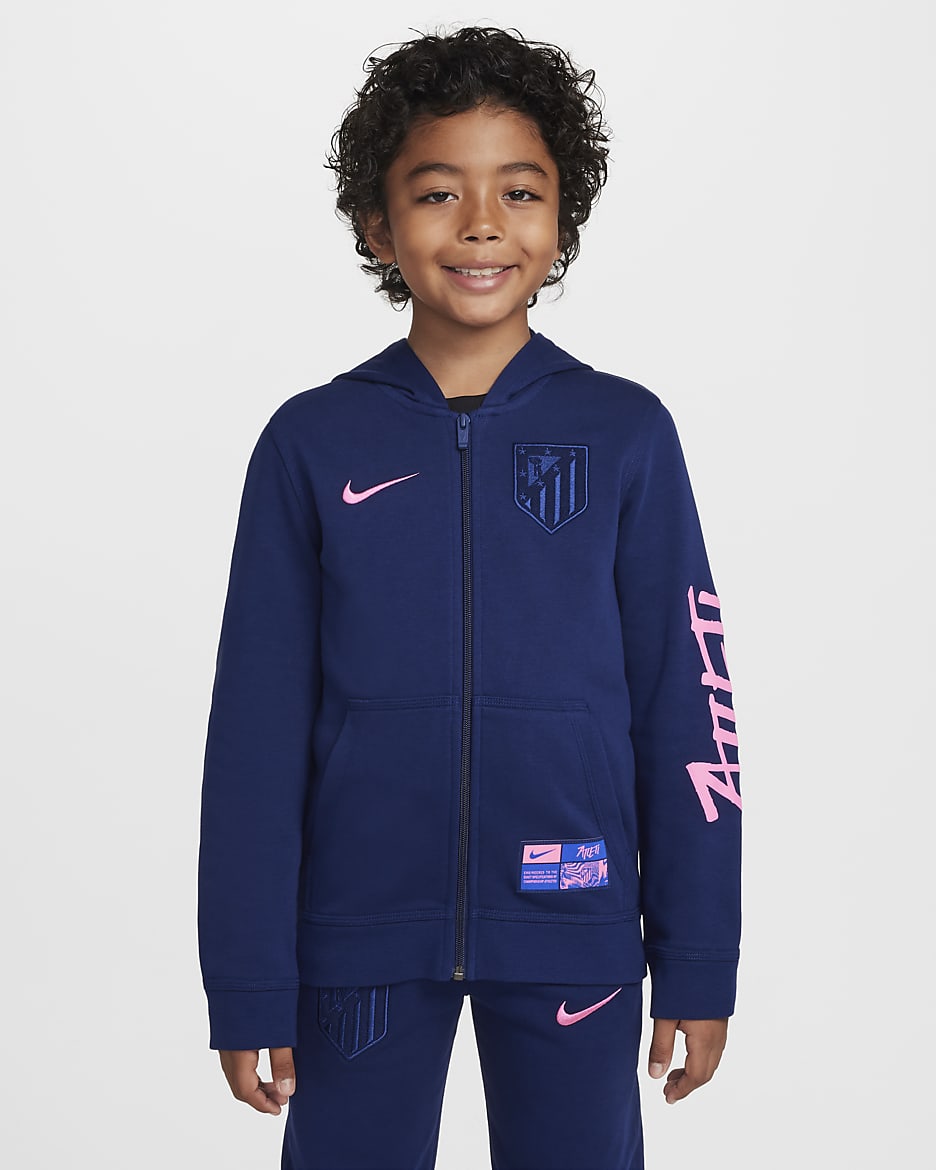 Felpa da calcio con cappuccio e zip a tutta lunghezza in French Terry Nike Atlético de Madrid Club per ragazzo – Terza - Blue Void/Pink Glow