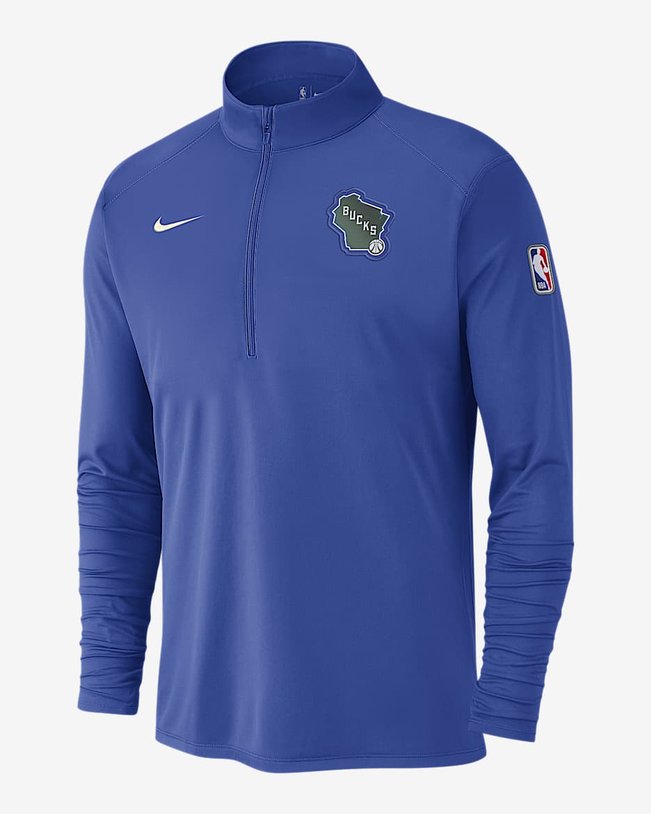 Playera de manga larga Nike Dri-FIT de la NBA de 1/2 cierre para hombre Milwaukee Bucks City Edition - Royal juego/Negro/Ópalo liso