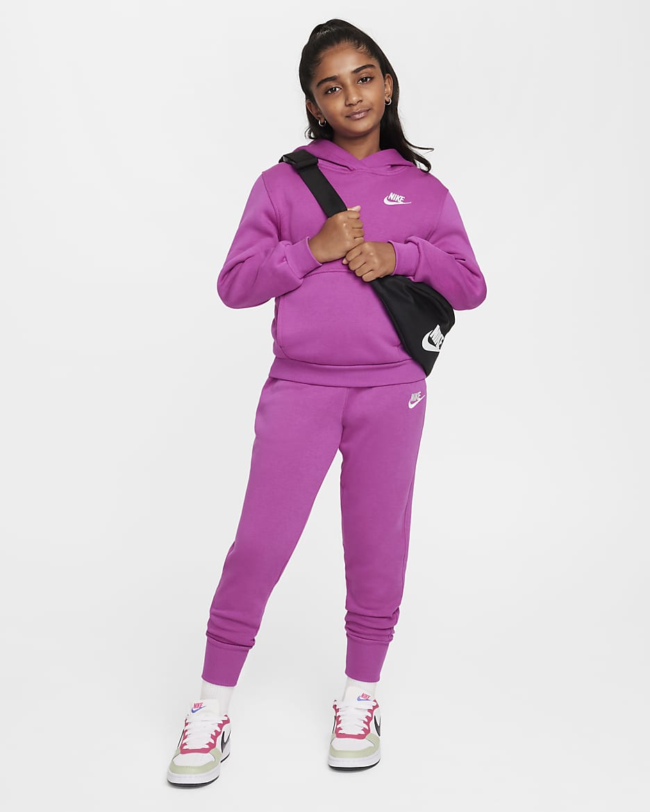 Nike Sportswear Club Fleece Older Kids' (Girls') High-Waisted Fitted Trousers - Hot Fuchsia/Hot Fuchsia/White