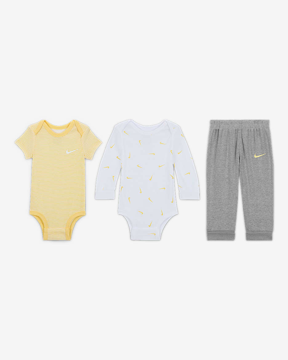 Nike Baby Essentials Baby (0-9M) 3-Piece Bodysuits and Pants Set - Multi-Color/Dark Grey Heather/Soft Yellow