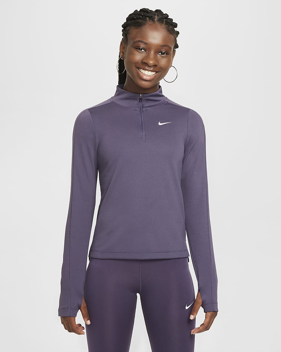 Langærmet Nike Dri-FIT-trøje med 1/2 lynlås til større børn (piger) - Dark Raisin/hvid