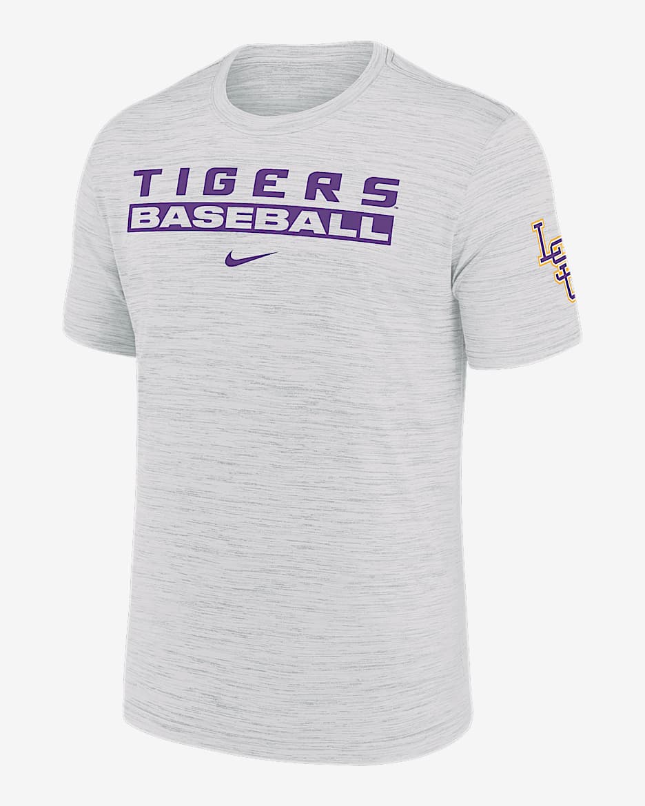 Playera universitaria Nike Dri-FIT para hombre LSU Tigers Velocity Baseball Wordmark Stack - Blanco