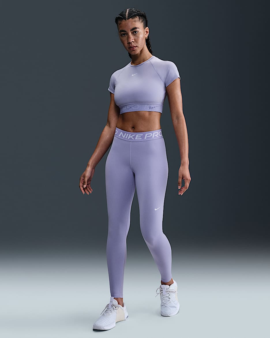 Nike Pro Women's Mid-Rise Mesh-Paneled Leggings - Lilac Ice/White