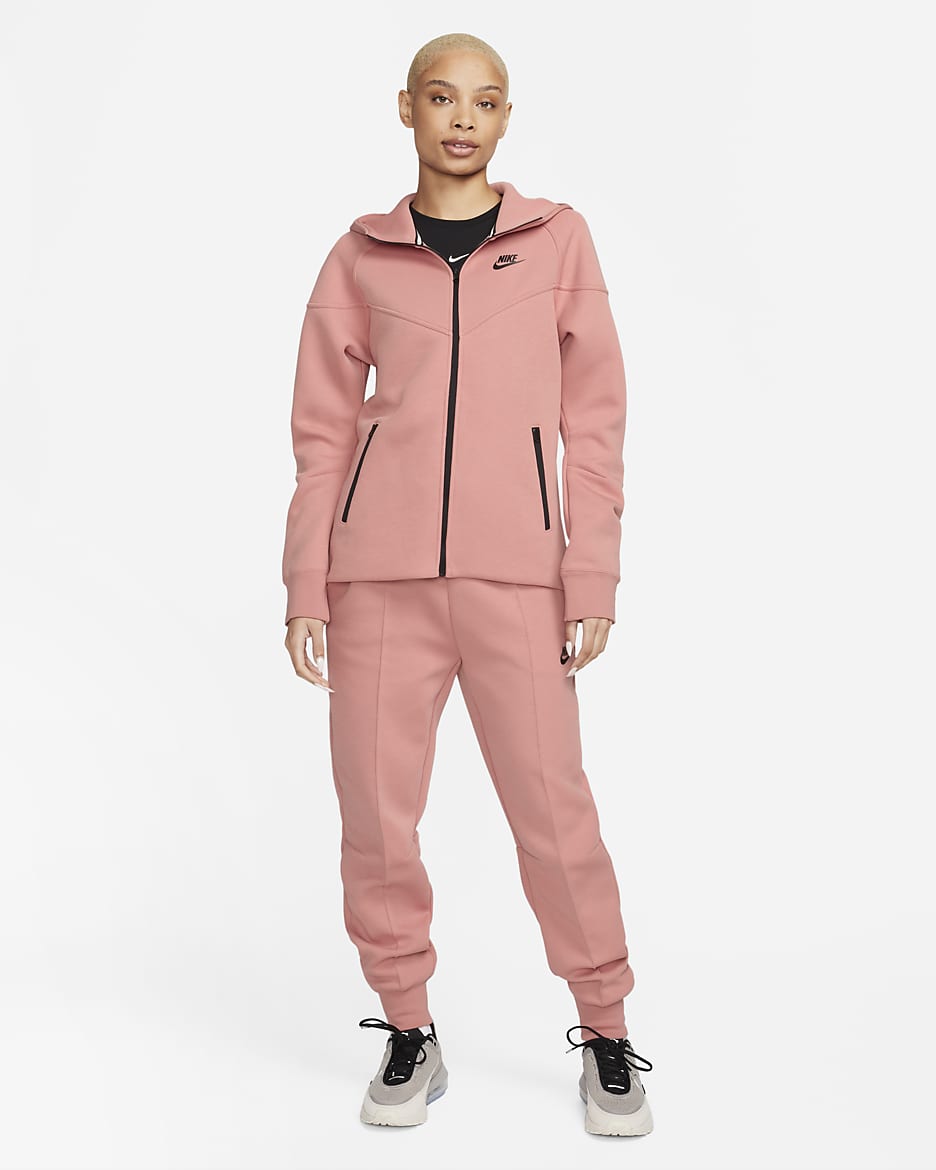 Damska bluza z kapturem i zamkiem na całej długości Nike Sportswear Tech Fleece Windrunner - Red Stardust/Czerń