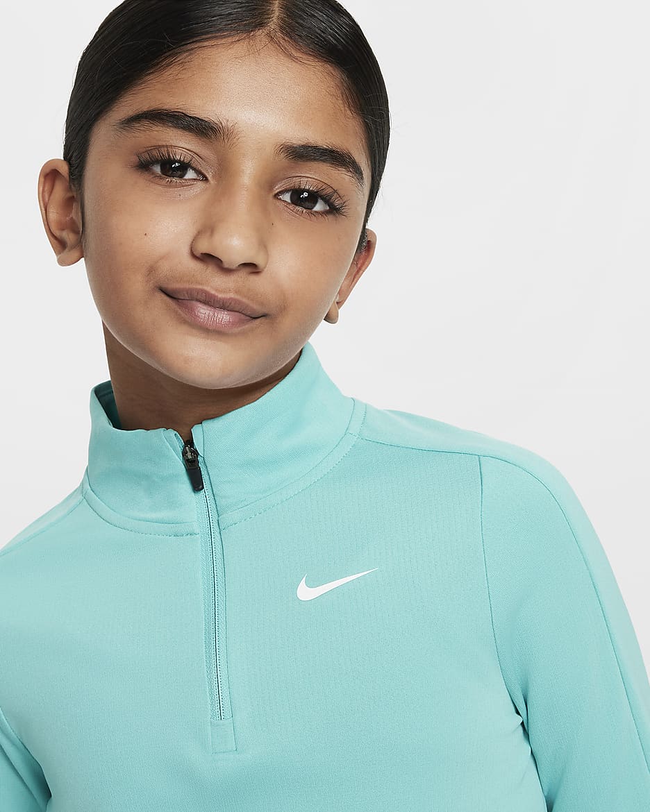 Nike Dri-FIT langermet overdel med halv glidelås til store barn (jente) - Green Frost/Hvit