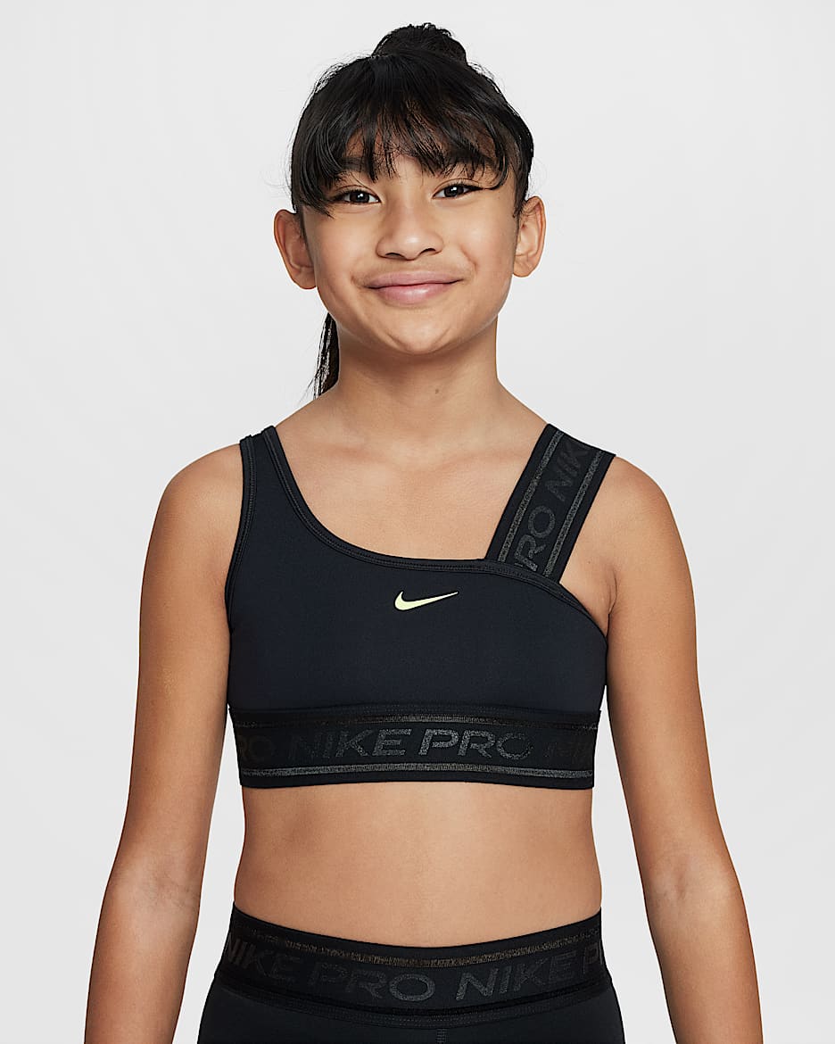 Nike Pro Swoosh Girls' Asymmetrical Sports Bra - Black/Light Lemon Twist