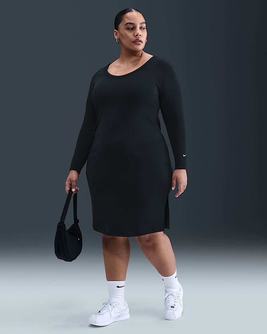 Nike Sportswear Chill Knit Women's Tight Long-Sleeve Midi Mini-Rib Dress (Plus Size) - Black/Sail