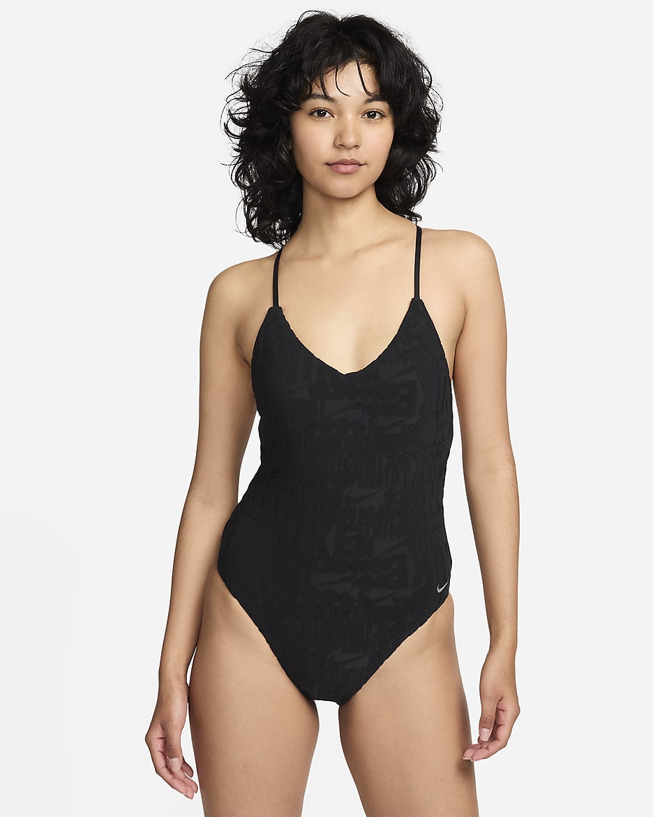 Traje de baño de una pieza con espalda en T para mujer Nike Swim Retro Flow - Negro