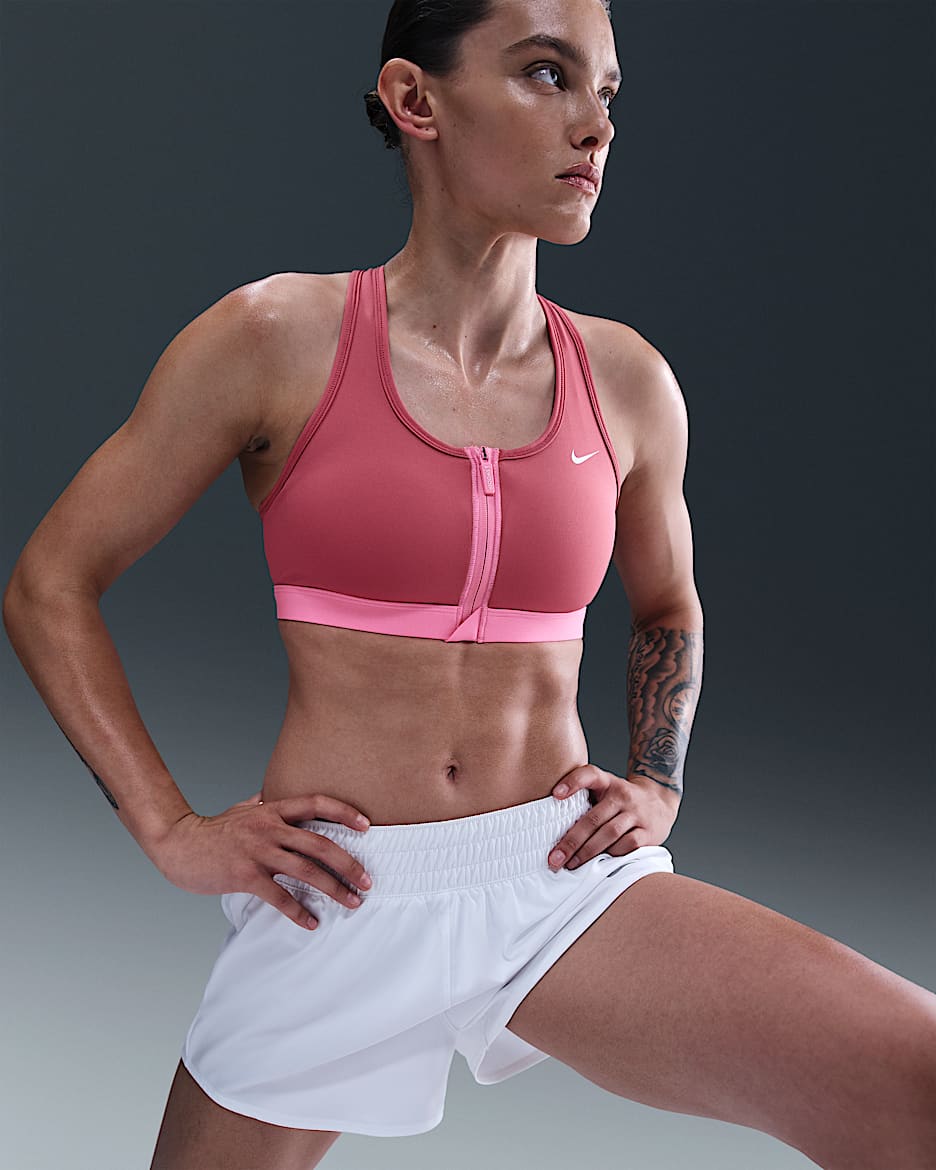 Bra deportivo de media sujeción con almohadillas para mujer Nike Swoosh Front Zip - Remolacha dulce/Rosa alegre/Blanco