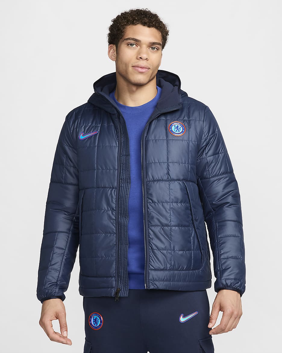 Chelsea F.C. Men's Nike Fleece-Lined Hooded Jacket - Obsidian/White