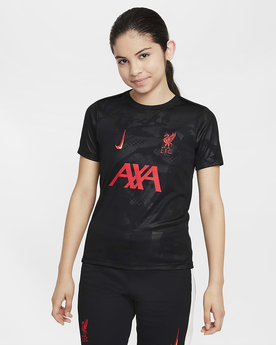 Liverpool FC Academy Pro harmadik Nike Dri-FIT mérkőzés előtti futballfelső nagyobb gyerekeknek - Fekete/Chrome Yellow/Global Red