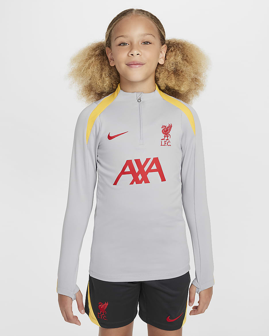 Treningowa koszulka piłkarska dla dużych dzieci Nike Dri-FIT Liverpool F.C. Strike (wersja trzecia) - Light Smoke Grey/Chrome Yellow/Global Red