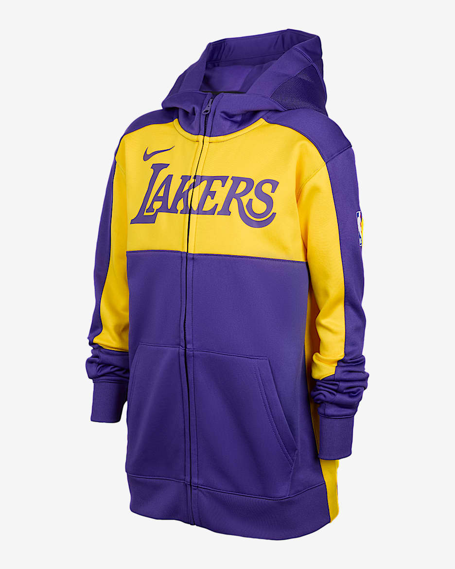 Los Angeles Lakers Showtime Nike Dri-FIT NBA-hættetrøje med fuld lynlås til større børn - Field Purple