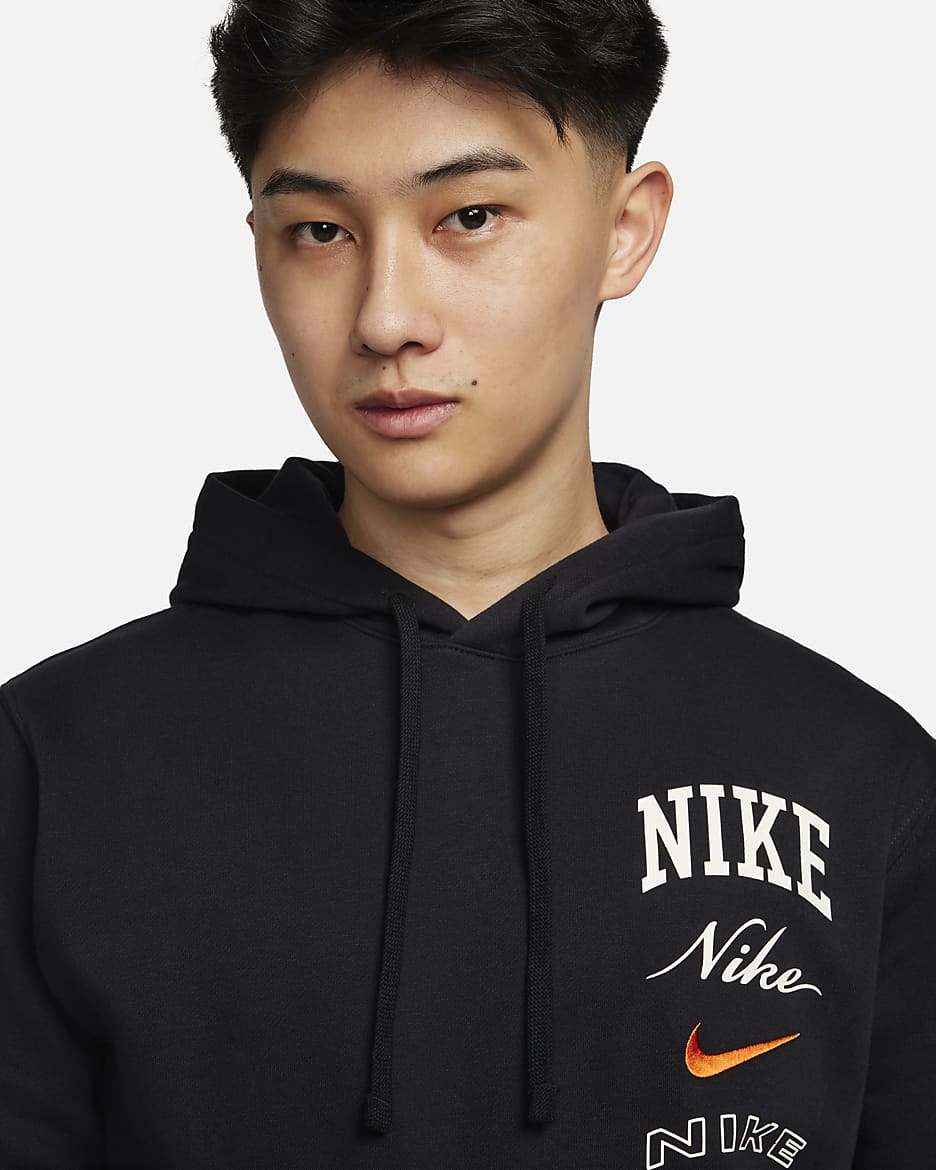 Nike Club Fleece Men's Pullover Hoodie - Black/Safety Orange