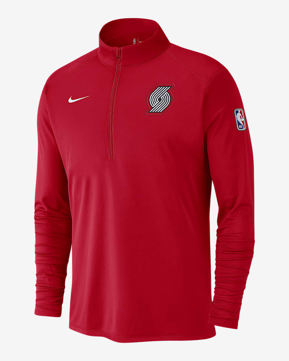 Playera de manga larga Nike Dri-FIT de la NBA de 1/2 cierre para hombre Portland Trail Blazers City Edition - Rojo universitario/Negro/Blanco