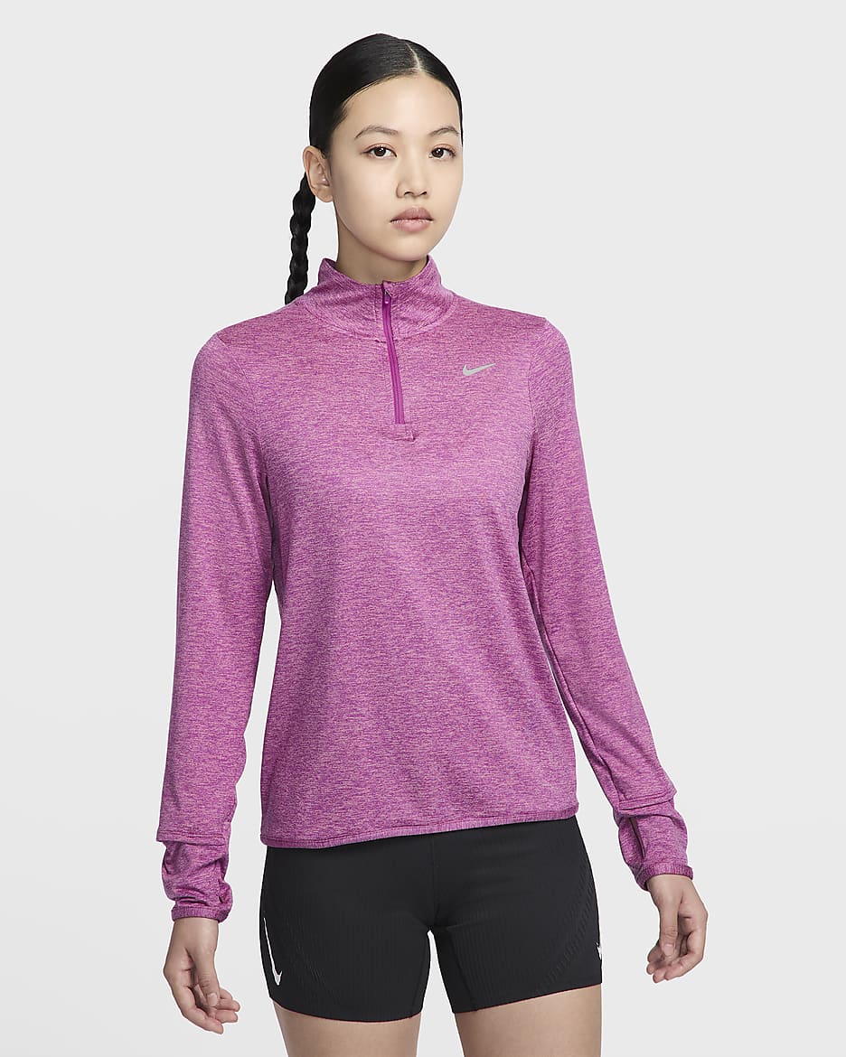 ナイキ Dri-FIT スウィフト エレメント UV ウィメンズ 1/4ジップ ランニングトップ - ホットフューシャ/プラムダスト/ヘザー