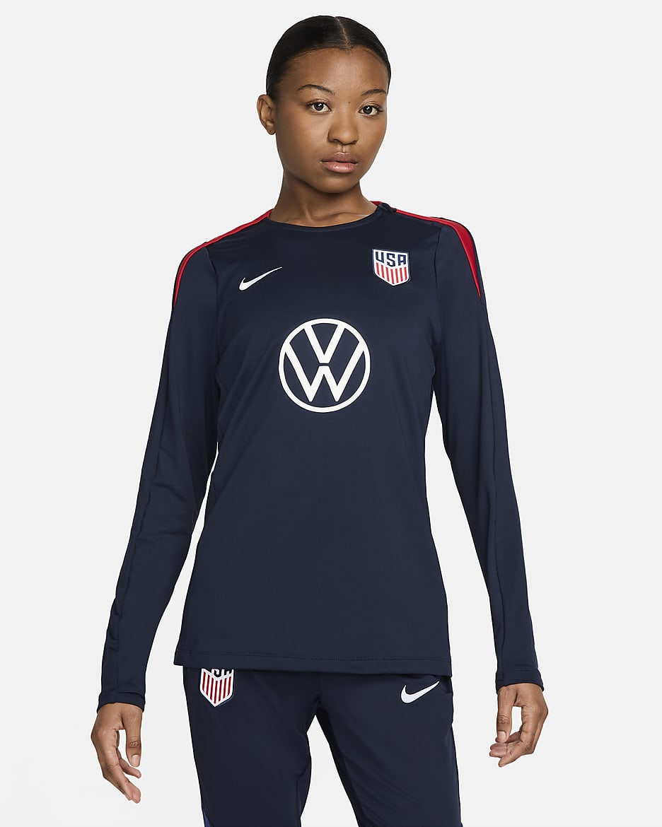 Playera de fútbol Nike Dri-FIT de cuello redondo de USA Strike para mujer - Obsidiana/Rojo deportivo/Blanco