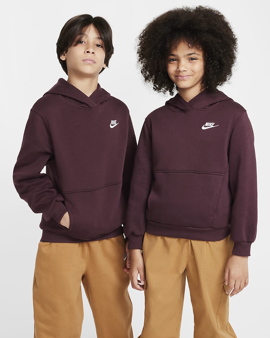 Nike Sportswear Club Fleece Older Kids' Pullover Hoodie - Burgundy Crush/White