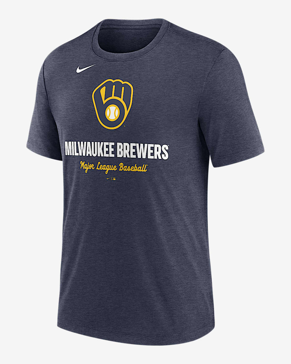 Playera Nike de la MLB para hombre Milwaukee Brewers Logo - Azul marino jaspeado