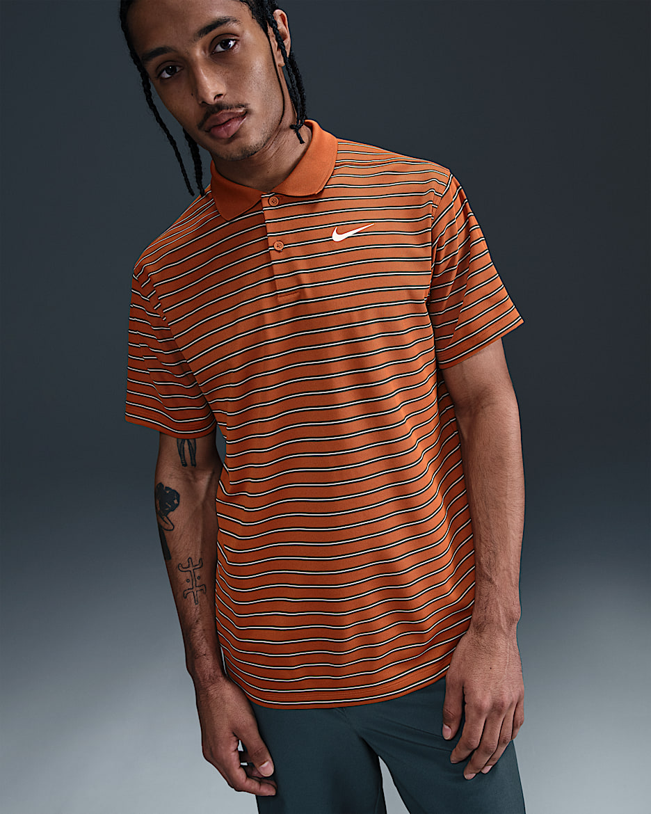 Stribet Nike Dri-FIT Victory-golfpolo til mænd - Desert Orange/Vintage Green/hvid