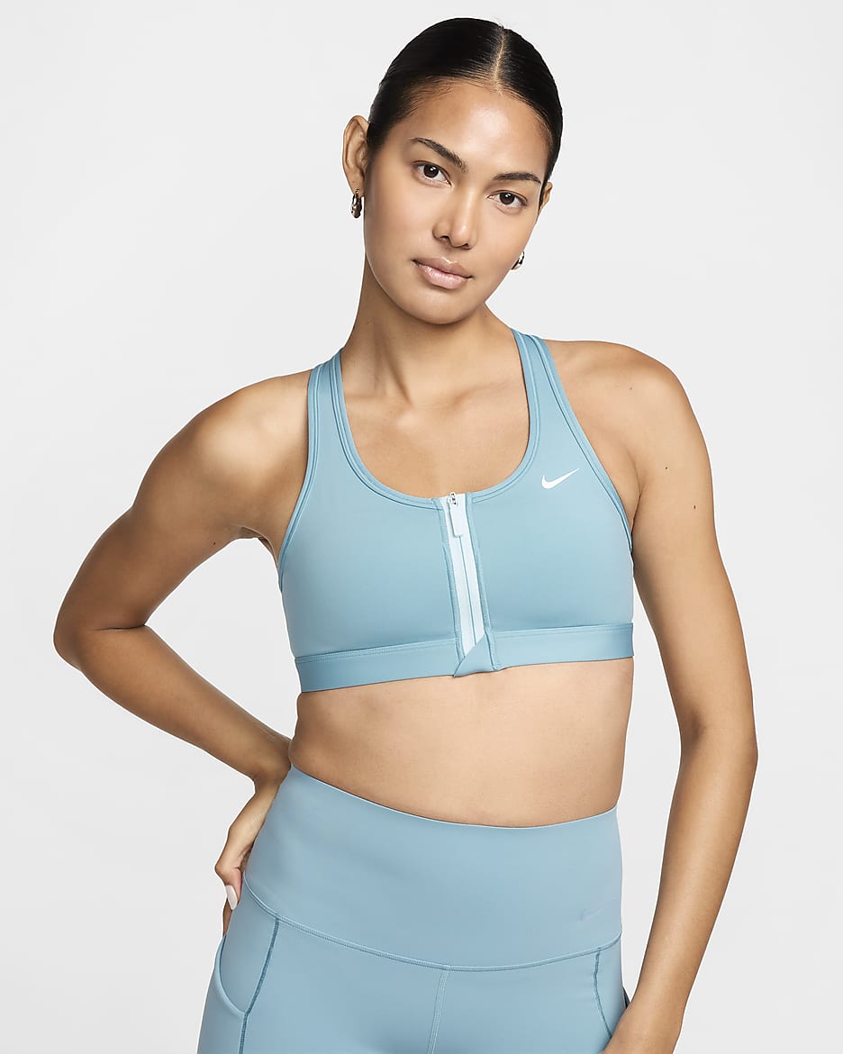 Nike Swoosh Front Zip Women's Medium-Support Padded Sports Bra - Denim Turquoise/Glacier Blue/White