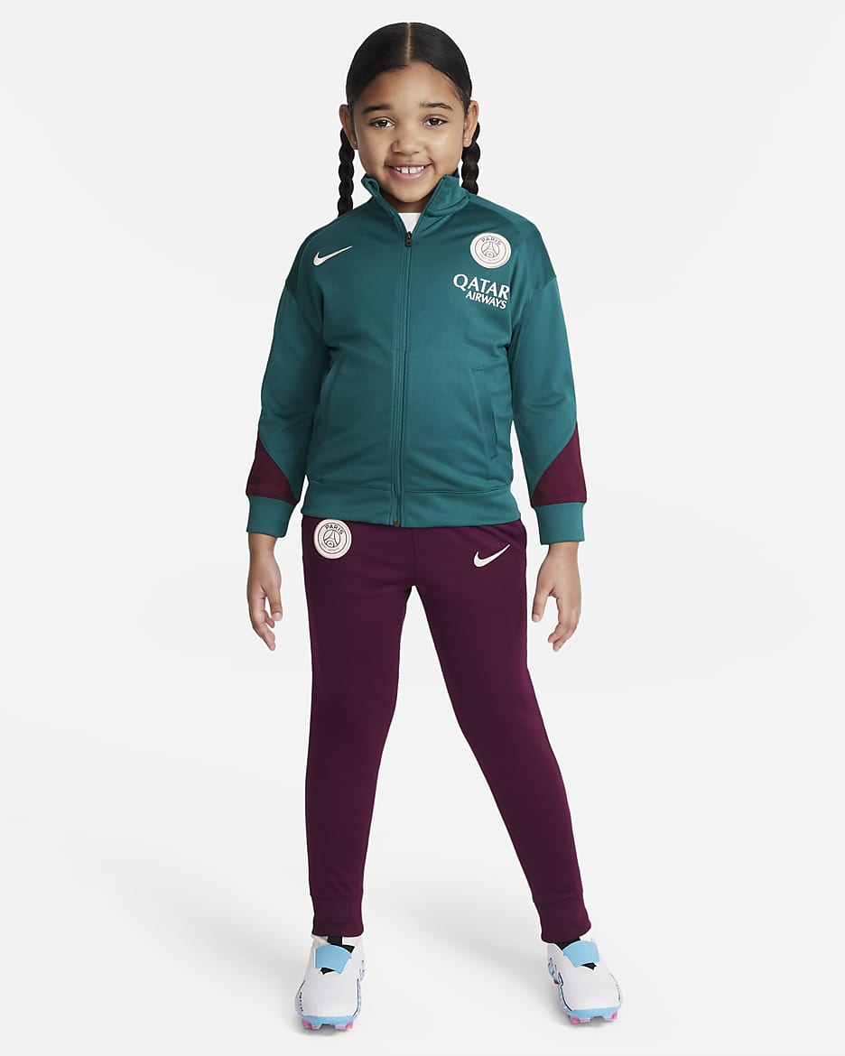 Paris Saint-Germain Strike Younger Kids' Nike Dri-FIT Football Knit Tracksuit - Geode Teal/Bordeaux/Guava Ice