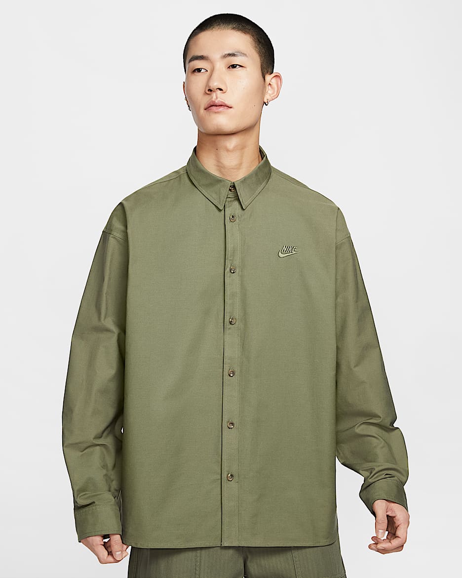 Nike Club Men's Oversized Long-Sleeved Oxford Shirt - Medium Olive/Medium Olive