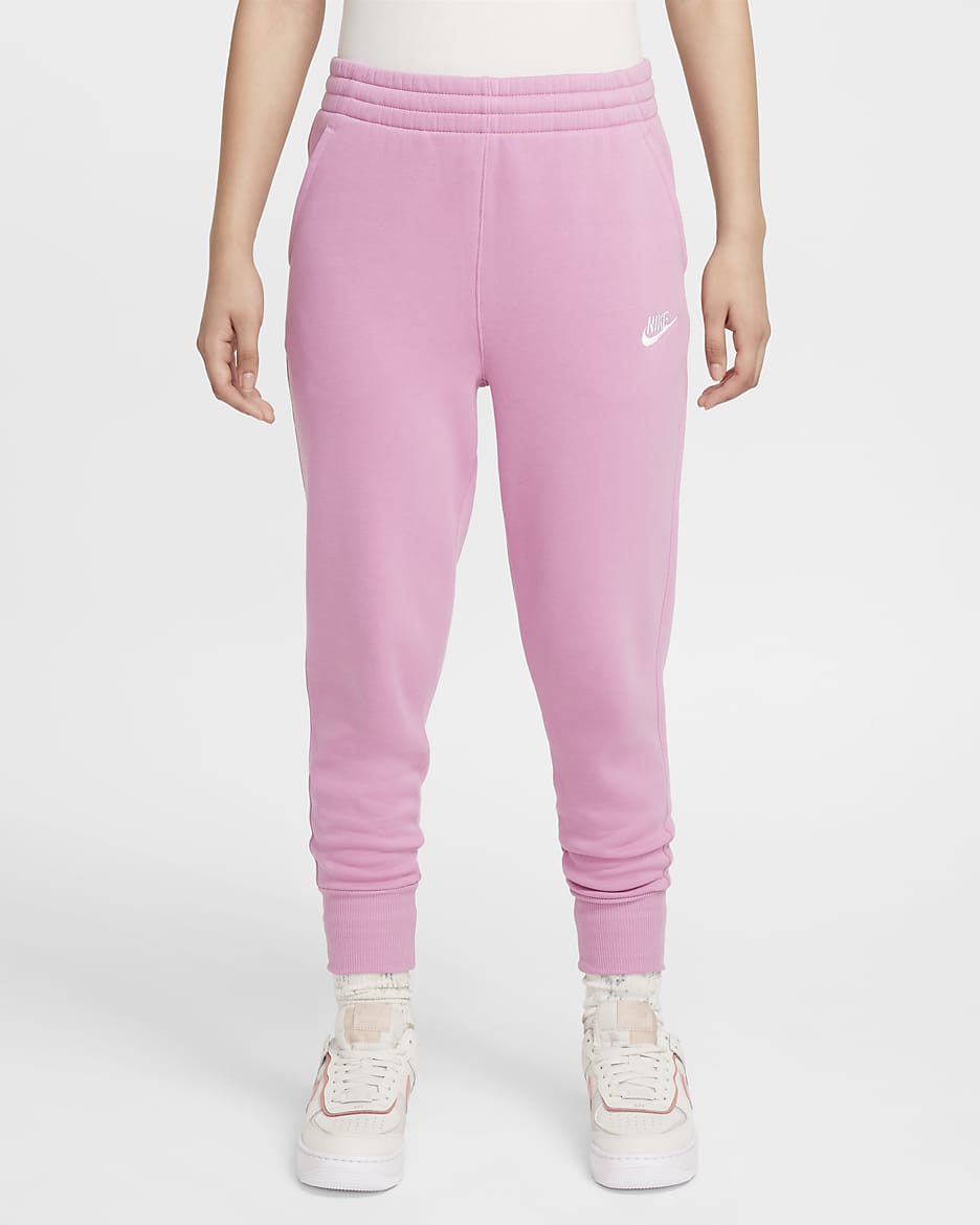 Nike Sportswear Club Fleece Older Kids' (Girls') High-Waisted Fitted Trousers - Magic Flamingo/Magic Flamingo/White