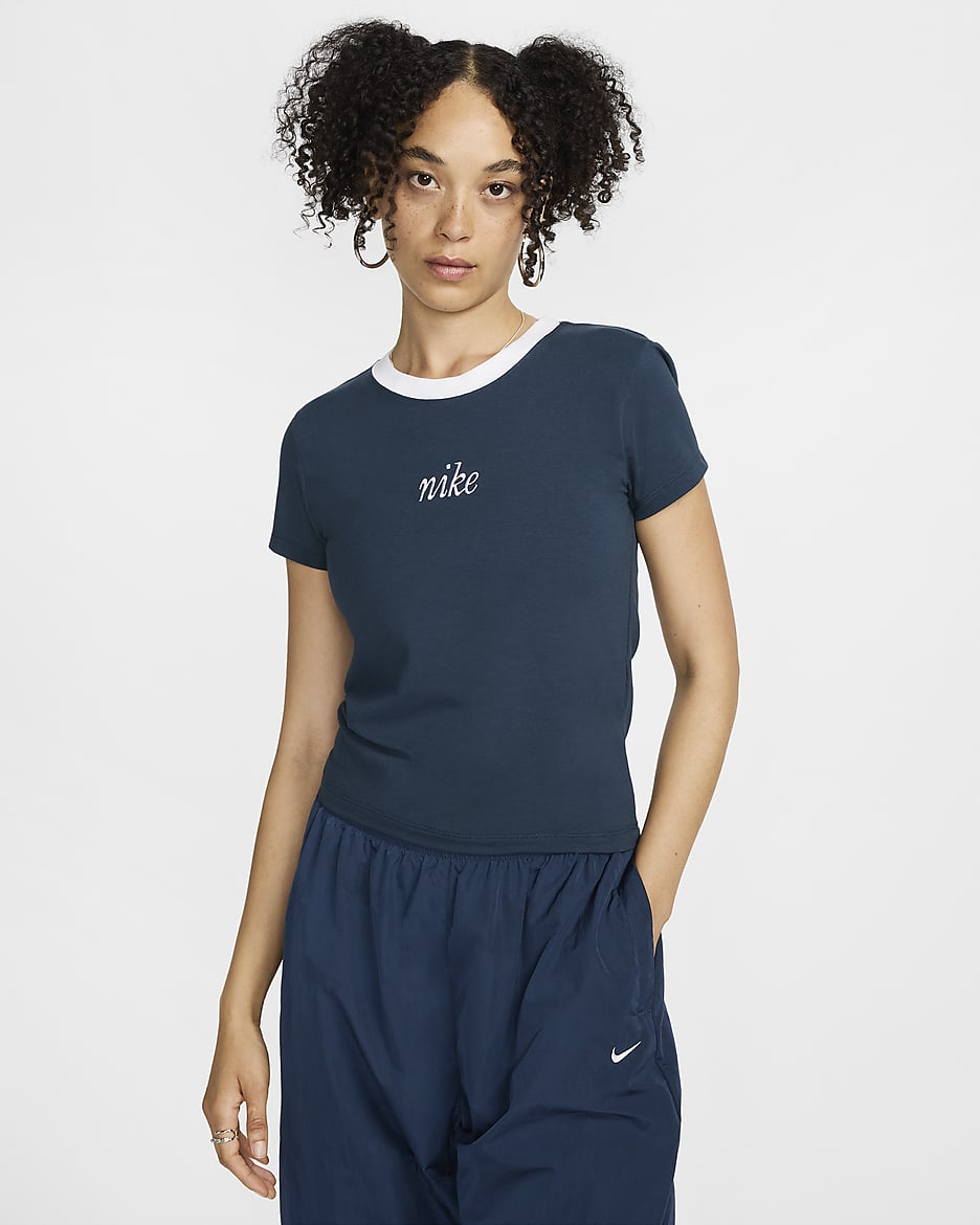 T-shirt slim court Nike Sportswear Chill Knit pour femme - Armory Navy/Blanc