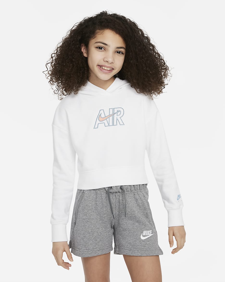 Nike Air Older Kids' (Girls') French Terry Crop Hoodie - White/Crimson Bliss/Worn Blue