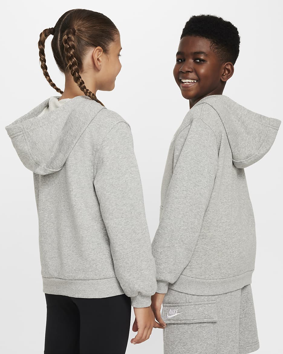 Nike Club Fleece Big Kids' French Terry Full-Zip Hoodie - Dark Grey Heather/Base Grey/White