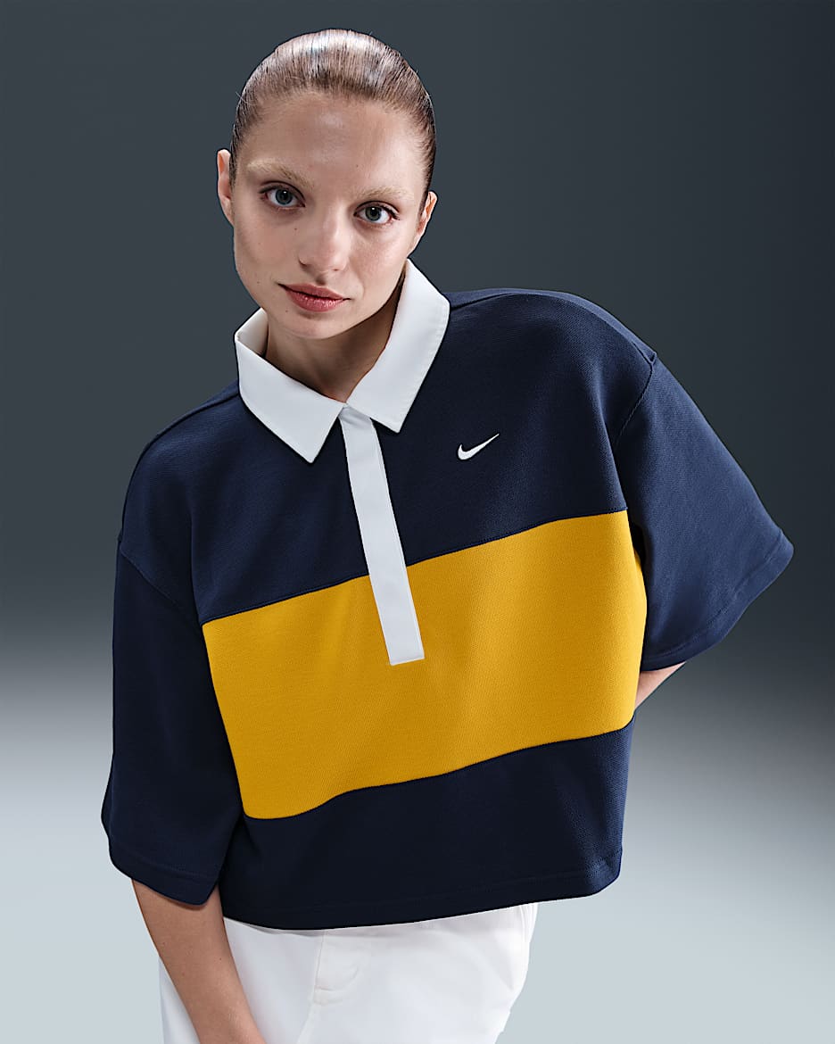 Nike Sportswear Women's Oversized Short-Sleeve Polo Top - Midnight Navy/Dark Sulphur/White/White