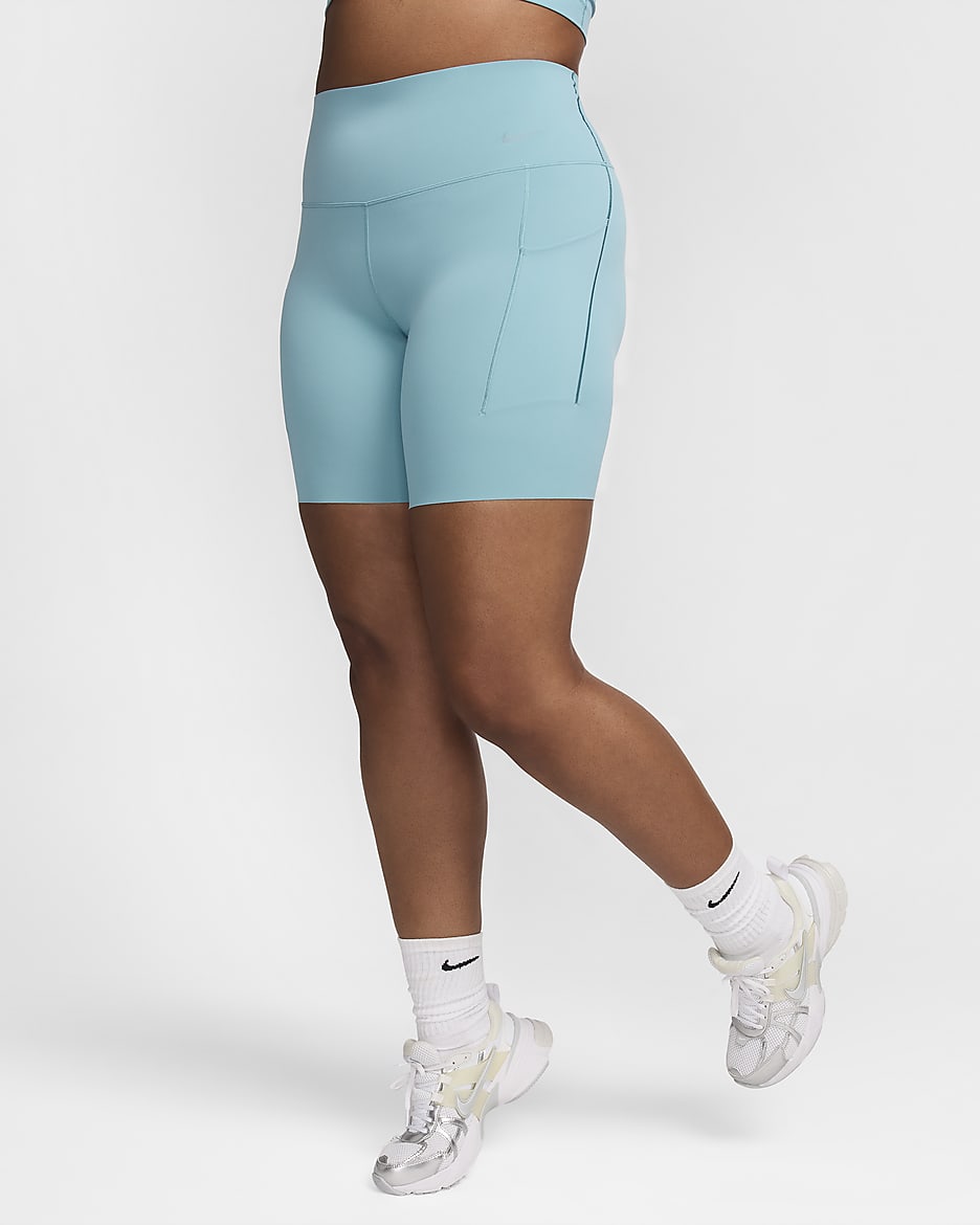 Shorts de ciclismo con bolsillos de 20 cm de tiro alto y media sujeción para mujer Nike Universa - Denim turquesa/Negro