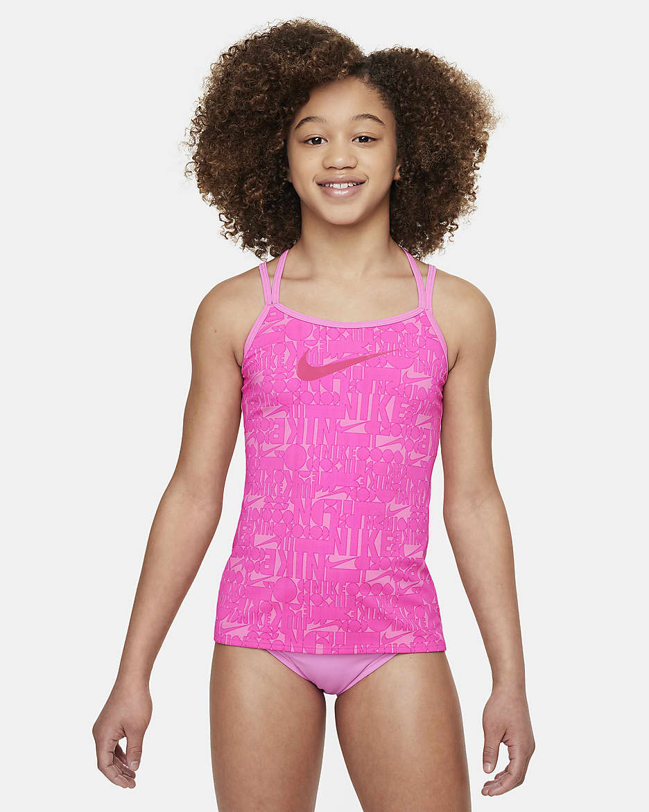 Conjunto de tankini con espalda en T para niña talla grande Nike Swim Retro Flow - Rosa feroz