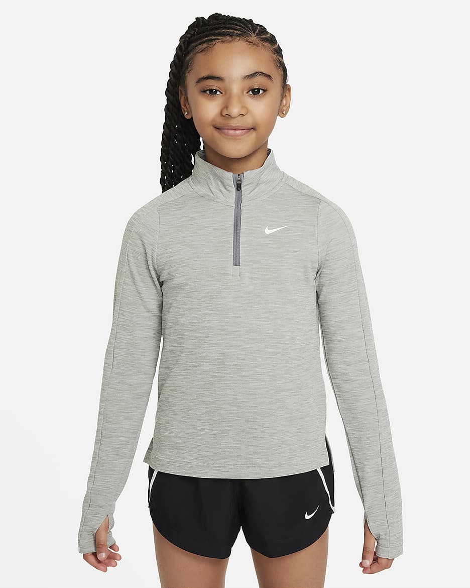 Haut à manches longues et demi-zip Nike Dri-FIT pour ado (fille) - Dark Grey Heather/Blanc