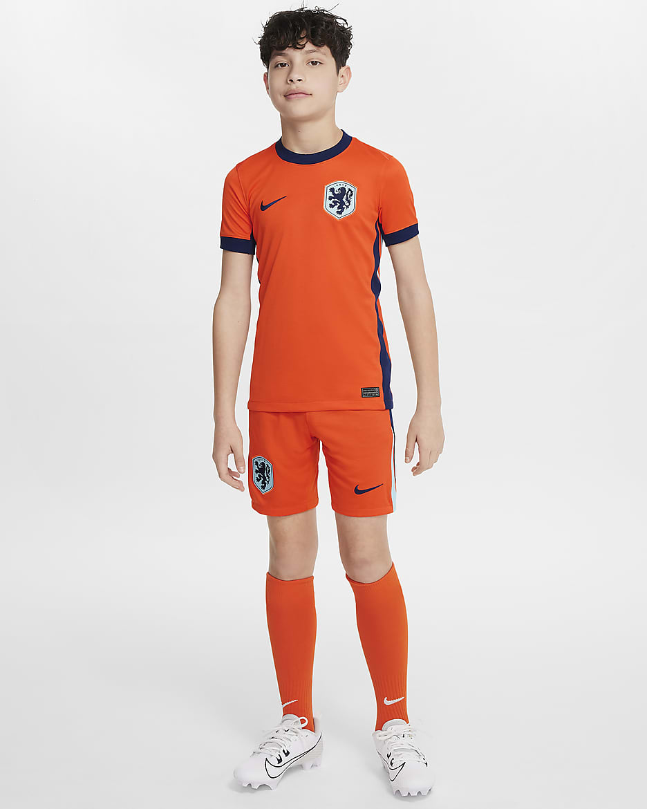 Primera equipació Stadium Països Baixos (selecció masculina) 2024/25 Samarreta de futbol Replica Nike Dri-FIT - Nen/a - Safety Orange/Blue Void/Copa/Blue Void