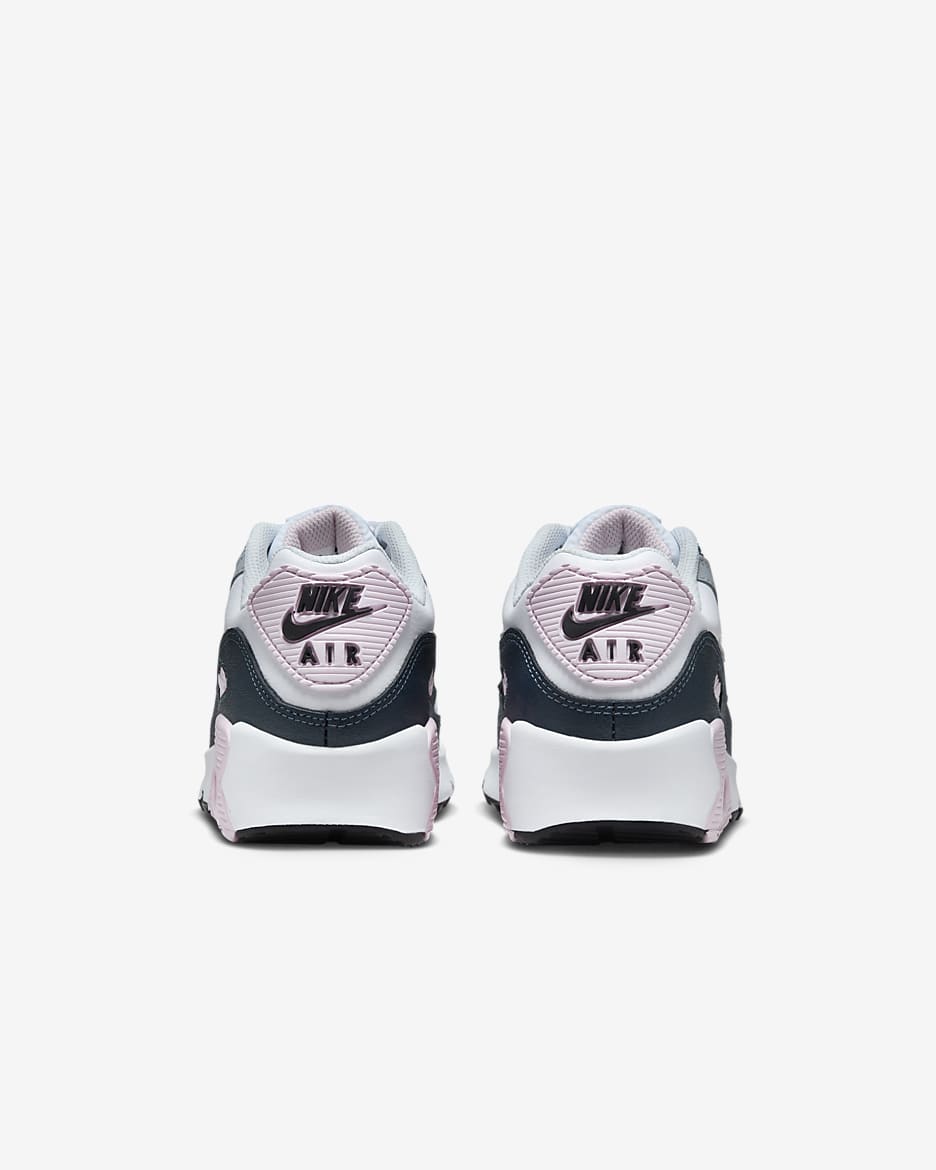 Tenis para niños grandes Nike Air Max 90 - Blanco/Espuma rosa/Azul marino militar/Gris lobo